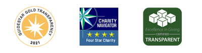 Badges indicating Thorn's accolades in transparency from GuideStar, Charity Navigator, and Excellence in Giving.